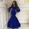 Royal Blue Sequined Shiny Mermaid Prom Dresses Vintage Long Sleeves Formella festklänningar plus storlek Aso Ebi Speical Endan Evening Dress Slim Fited Flare Robes Cl23