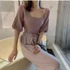 Women's T Shirts French Small Fragrant Wind Square Collar Middle-sleeve T-shirt For Women Puff Sleeve Ice Silk Knitted Tee Top