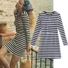 Casual Dresses Withered Indie Folk England Style Retro Navy Striped O-neck Knitted Sheath Sexy Mini Dress Rib Summer