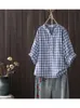 Women's Blouses Lamtrip Vintage Double Layers Cotton Yarn Half Lantern Sleeve Women House Plaid Shirt Blouse 2023 Summer