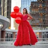 Party Dresses Elegant Red Evening Dress For Woman Illusion Long Sleeves Slit Tiered A Line Floor Length Prom Gown Vestidos De Noche