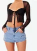 Women's Blouses Women Sheer Mesh Shirts Solid Color Long Sleeve Cardigan Tie-up Crop Tops See Through Retro Cute Elegant Cropped Tee Chic