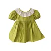 Kız Elbise Yaz Yay Düğüm Puf Kollu Fırfır Yuvarlak Boyun Moda Kız Elbise Bebek Bloomers Elbise 5 Yaşında