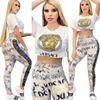 New fashion casual leakage umbilical high waist suit printed sports yoga two-piece set
