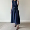 Casual Dresses Women's Summer Vintage Long Tank Belt Dress Sleeveless Cotton Linen Maxi Sundress Korea Style