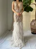 Gorgeous Mermaid Wedding Dresses Deep V-neck Sleeveless 3D Flower Applicants Feathers Backless Court Gown Custom Made Plus Size Bridal Gown Vestidos De Novia