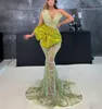 Exquisite Mermaid Prom Dresses Sleeveless V Neck Appliques Sequins Bead Diamonds Lace Hollow Floor Length Satin Evening Dress Bridal Gowns Plus Size Custom 0508
