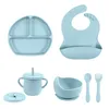 Cups Dishes Utensils 5PCS Silicone Dishes For Baby Feeding Set Sucker Bowl Plate Cup Bibs Spoon Fork Baby Items Safe Dining Plate Children Tableware 230530