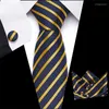 Bow Ties Business Blue Tie ve Cep Square Set Set Kufflinkler Erkekler için Lüks İpek Çizgili Kravat Mendiller Erkek Düğün Partisi