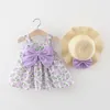 Fille robes 2 pièces été bébé enfant en bas âge vêtements coréen mignon grand arc sans manches fleurs coton infantile princesse robe ensembles BC399