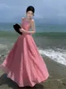 Strand vakantie stijl jurk vrouwen zomer backless riem lange roze jurk Franse stijl elegante trouwjurk Robe Longue vestidos