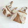 El çantaları çocuklar mini çanta sevimli ip çantaları kızlar için saman sepet tote dantel bowknot el çantaları el yapımı bebek plajı rattan kova çantası 230530
