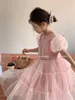 Flickklänningar Girls 'Dress 2023 Summer Children's Fashionable Bubble Sleeve Poached Yarn Set Princess Baby