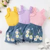 Clothing Sets Fashion Summer Newborn Baby Girl Clothes Set Sleeveless Knitting Romper Vest Tops and Denim Floral Short Pants Infant 2Pcs Outfits