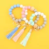 Neue Mode Holz Quaste Perlenkette Armband Schlüsselanhänger Lebensmittelqualität Silikon Perlen Armbänder Frauen Mädchen Schlüsselanhänger Handschlaufe
