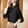 Bluzki damskie pół haft haftowe z długim rękawem czarny koszulę biuro damskie bluzka swoboda Koreańska bluzki modowe