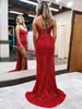 赤いスパンコールキラキラシースコラムイブニングドレス