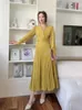 Pleated Long Sleeve A-line Maxi Dress Women with Belt Abiti Eleganti Donna Cerimonia Robe Longue Dos Nu Vestidos Largos