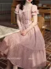 Puff Sleeve Sweet Women Princess Dress Vintage Lady Lace Patchwork High Waist Midi Dress Female Plaid Pleated A-line Party Dress