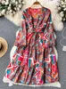 Casual Dresses Luxury Printed Women's Romantic Retro Flower Print Belt Long Dress Holiday Party Vestidos P230530