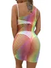 Dames kleurrijke regenboog bodycon jurk bodysuit uit holle uitzicht op visnet nachtkleding strandkleding zomer jurk see-through