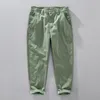 Pantalons pour hommes cheville longueur automne hommes coton couleur unie décontracté hommes rubans vert noir corée vêtements vêtements de travail taille élastique pantalon