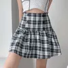 التنانير harajuku vinage zwart wit plaid lace up y2k y2k mini mini rok vrouwelijke a-lijn hoge tail goth rokken p230529