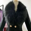 Mélanges Mode d'hiver femmes manteau de laine haute imitation grand col de fourrure de renard manteau de cachemire noir femme double boutonnage vêtements d'extérieur minces