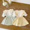 Ensembles de vêtements d'été pour bébés filles, 2 pièces, vêtements en coton à manches courtes, haut à boutons, jupe à bretelles florale, tenues de costume