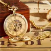 Pocket Watches Antique Steampunk Mechanical Watch Bronze Necklace Hollow Case Skeleton Hand Vind FOB Pendant Chain Clock för män