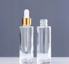 30 ml Clear Glass Eye Droper -flaskor 1 oz Tjock vägg platt axel eterisk olja parfymflaska med gyllene topplock SN5246