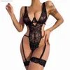 Sexig uppsättning Sexig underkläder för kvinnor Deep V Neck Teddy Sexig underkläder Transparent spetsbh och byxuppsättningar med strumpeband kvinnlig erotisk bodysuit T230530