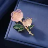 Fashion Resin Rose Flower Brooch Green Leaf Women's Ice Crystal Powder Permeating Premium Feeling Brooch