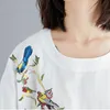 T-Shirt manches lanternes pour Femme, ample, en coton et lin, avec broderie d'oiseaux et de fleurs, Vintage, été 2022, HXJ06