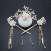 Haarclips Damesimitatie Jade Witte bloemen Kroon Lange Tassel kapseloorbellen Set Ancient Hanfu Hoofddeksels