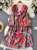 Casual Dresses Luxury Printed Women's Romantic Retro Flower Print Belt Long Dress Holiday Party Vestidos P230530