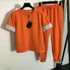 2023-Women's Two Piece Pants Short Sleeve T-shirt Drawstring Elastic midjeband Casual Pants Set Orange Black