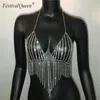 Camis FestivalQueen Bling Kwastje Strass Crop Tops Vrouwen Zomer Sexy Gold Diamond Body Metalen Ketting Party Club Dance Cami Top