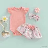 Kleidungssets Baby-Mädchen-Sommer-Outfit, einfarbiger Strampler mit fliegenden Ärmeln und Shorts mit Blumen-/Leopardenmuster und Stirnband