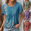 Women's Blouses Women Top Ladies T-shirt Round Neck Ethnic Flower Print Summer Pullover Colorfast Vintage Clothes
