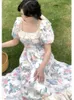 Summer Romantic Vintage Ruffles Puff Sleeve France Dress Women Floral Print Square Collar Holiday Dress Female Patchwork Vestido