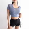 Vrouwen T-shirt Sexy Inner Padded Patchwork Mesh Crop Tops Fitness Korte Mouw Sport T-shirts Vrouwelijke Gym Strakke Dans Training Kleding J2305