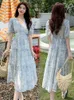 Ny blommig klänning Summer Tea Break French Long Dress for Women Casual Elegent Short Sleeved Beach Dress