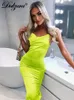 Basic Casual Dresses Dulzura Neon Satin Lace Up Summer Women Bodycon Long Midi Dress Sleeveless Backless Elegant Party Outfits Sexy Club Clothes 230608