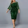 Ethnic Clothing Plus Size Women Elegant Sequin Evening Wedding Party Dress Ladies Fashion Green Mesh Sleeve Casual Club Outfits