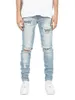 Mäns jeans män smal passande stretch svart vit gitter casual mode denim byxor vardagliga man hip hop hole ljus blå byxor