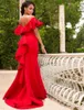 Party Dresses Gorgeous Red Off Shoulder Prom Satin Backless Mermaid Evening Gowns Saudi Arabia Ruched Sweep Train Formal Dress