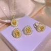 Necklace Earrings Set Selling Yellow Zircon Jewelry Women's Three-piece Fashion Flower Shape Open Adjustable Ring Wedding