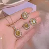 Necklace Earrings Set Selling Yellow Zircon Jewelry Women's Three-piece Fashion Flower Shape Open Adjustable Ring Wedding