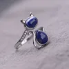 Solitaire Ring Real 925 Sterling Silver Lapis Lazuli Natural Stone Ring Lovely Cat Rings For Women Exquisite Fine Jewelry 230529